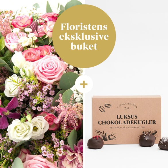 Floristens eksklusive buket med Flora og Evergreen Luksus chokoladekugler